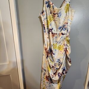 Illusion Floral Ruched Cowl Neck Midi Dress